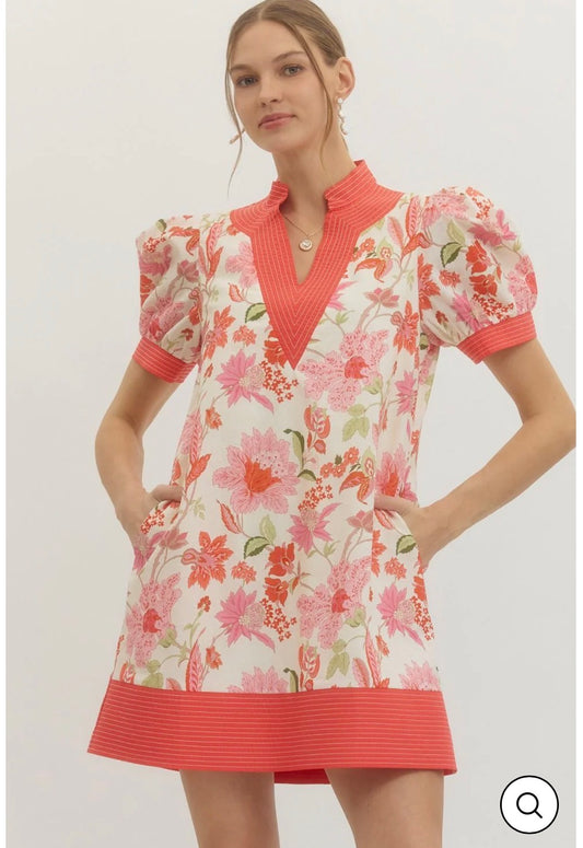 Pink Floral Puff Sleeve Dress