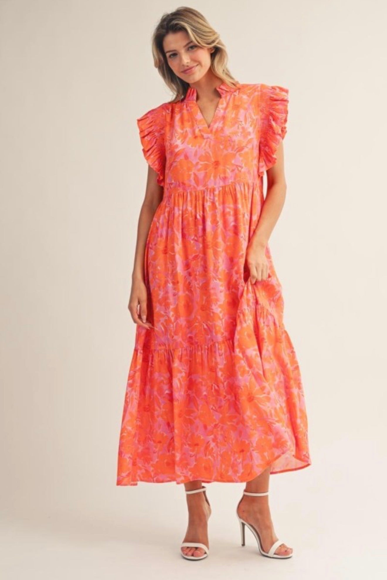 Tropical Floral Midi Dress in Orange